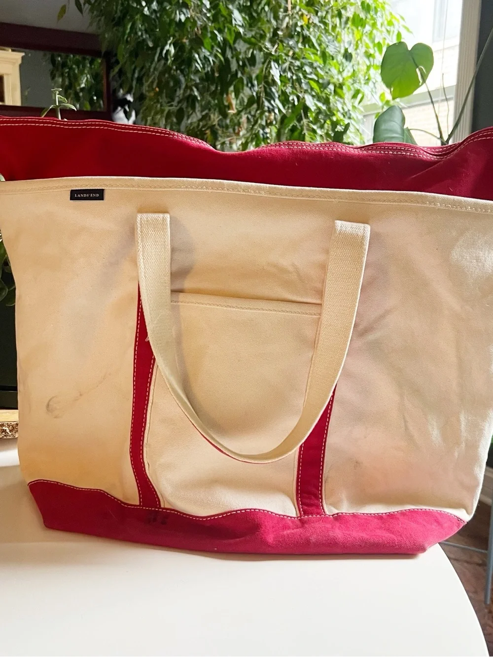 Lands End X-Large Christmas Tree Canvas Tote Cream & Red